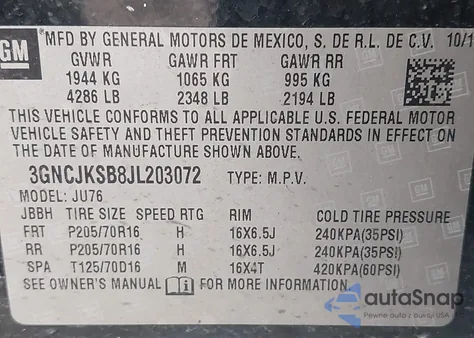 2018 Chevrolet Trax Ls z USA, uszkodzony, nr VIN 3GNCJKSB8JL203072